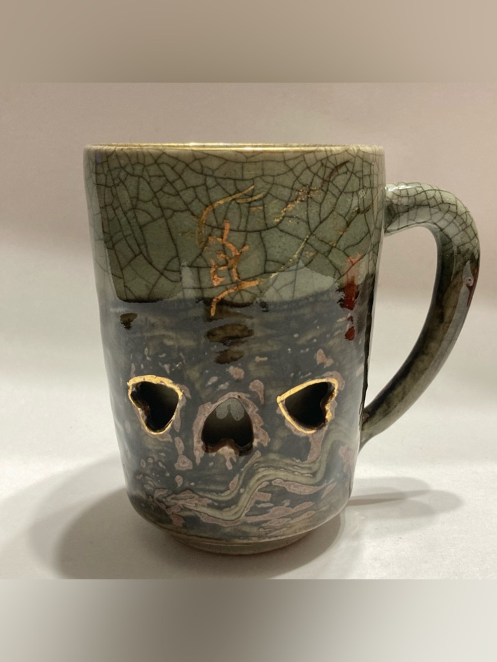 Somayaki Soma Ware Japan Double Wall Heart Crackle Gold Horse 5" Mug Cup